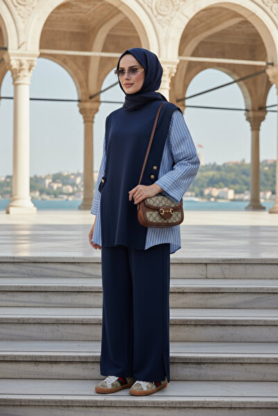 Aselim Hijap Moda Γυναικείο Μαντίλι Λιόρα Διπλό Σετ – Πουκάμισο από βαμβάκι με λεπτομέρεια από δύο κλωστές-Μπλε ναυτικό