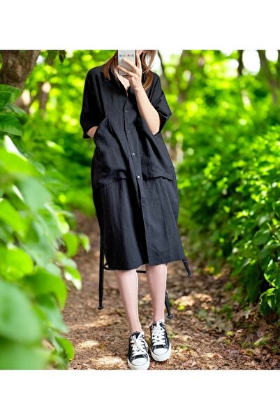 Barbora Yazlık Cep Detaylı Rahat Keten Elbise