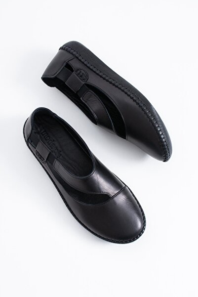 Moda Pie Cesa Yan Lastik Pencere Hakiki Deri Kadın Ayakkabı Siyah Cilt