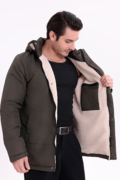 freemen Men's Khaki Fleece Fur Removable Hood Water and Windproof Hooded Winter Coat & Jacket & Parka