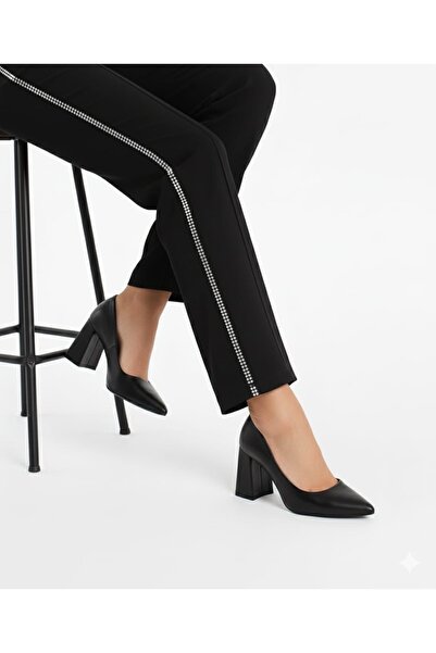 İZCE MODA Women's Pointed Black Leather Stiletto Heels, Heel Height Seven Centimeters