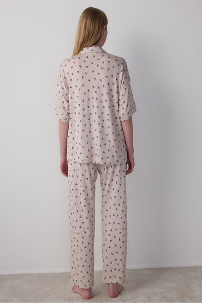 Penti Aging Collagen Floral Gömlekli Pantolon Bej Pijama Takımı