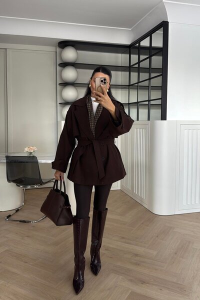 Narstorm Women's Belted Brown Araboy Sleeve Epaulettes Shawl Collar Trench Coat