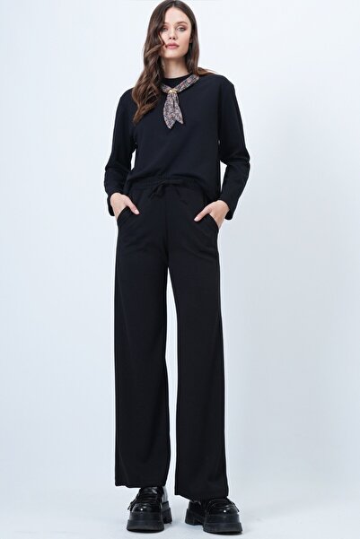 VAGGON Women's Black Scarf Detailed Sweatshirt and Wide Leg Sweatpants Set Vs01569