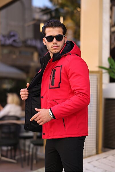 Mero Life Φουσκωτό φουσκωτό κόκκινο παλτό από μαλακό κέλυφος εξωτερικού χώρου με κουκούλα νερού και αντιανεμικό καπιτονέ γούνας