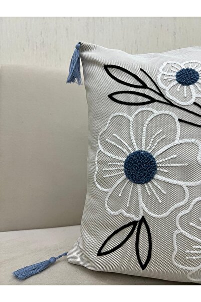 ON-ARS TEKSTİL Decorative Floral Pattern Throw Pillow Cover Blue – Tasseled, Modern Stylish Design, 43X43 cm