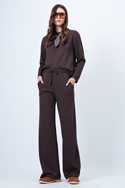 VAGGON Women's Brown Scarf Detailed Sweatshirt and Wide Leg Sweatpants Set Vs01569