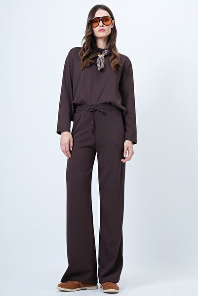 VAGGON Women's Brown Scarf Detailed Sweatshirt and Wide Leg Sweatpants Set Vs01569