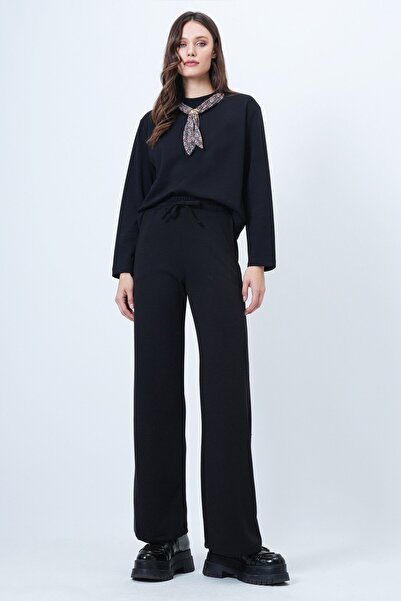 VAGGON Women's Black Scarf Detailed Sweatshirt and Wide Leg Sweatpants Set Vs01569