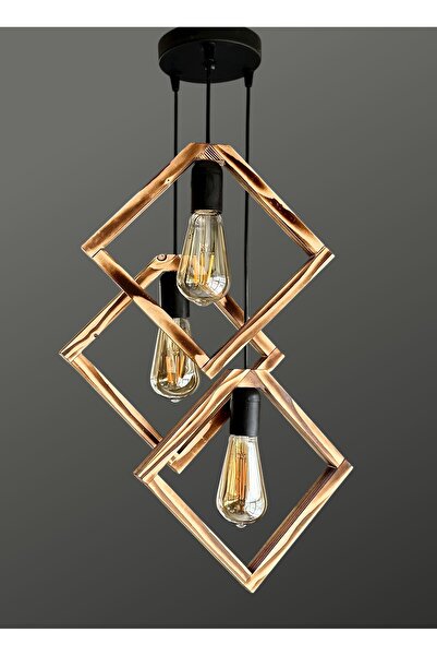 ONUR AVİZE Dekoratif Doğal Ahşap El Yapımı Rustik Modern Tarz Siyah Sarkıt 3'lü Ahşap Avize