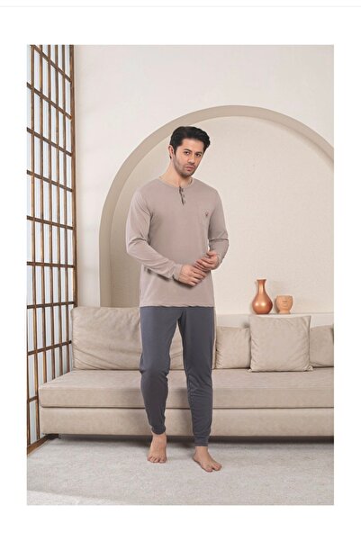 pamuklu Men's Pajamas Long Sleeve, Long Pants, Cotton, Beige, Size 2XL