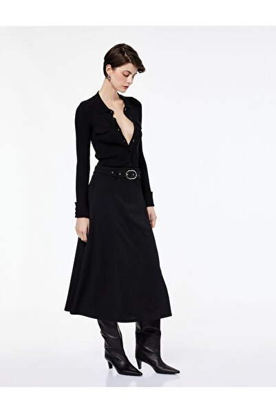 Koton Krep Scuba Kumaş Kemer Detaylı Midi Kloş Etek