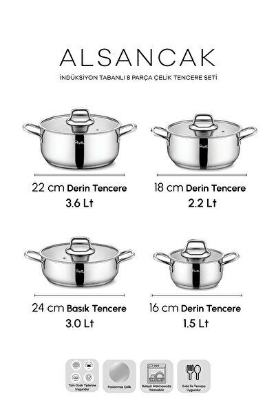 Perotti Alsancak Induction Base 8 Piece Steel Cookware Set