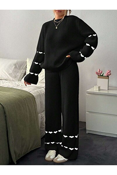 hiraz fashion Women's Black Heart-Detail Double Knitwear Set