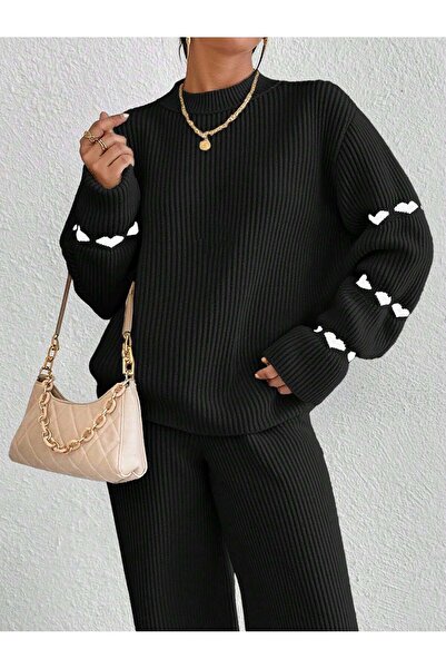 hiraz fashion Women's Black Heart-Detail Double Knitwear Set