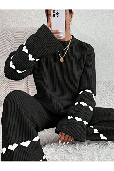 hiraz fashion Women's Black Heart-Detail Double Knitwear Set