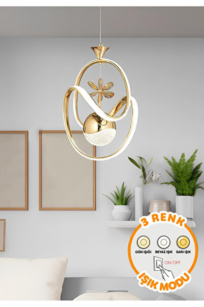 burenze Modern Kademeli 3 Renk Salon Mutfak Oturma Odası Avize Sarkıt Power Led Avize Gold Sarı