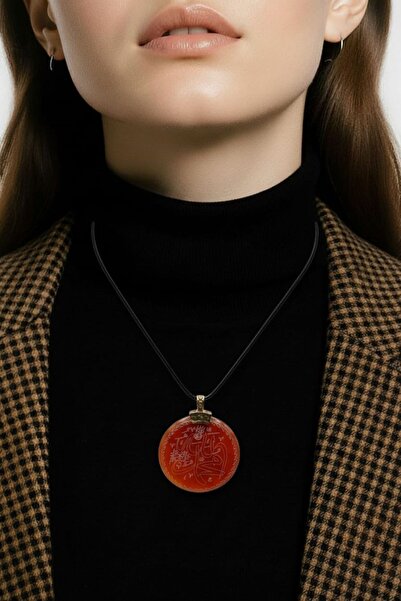 TAKI DERYASI Doğal Akik Taşı Kolye Allah Muhammed Yazılı, El Yapımı, Erkek Kadın Hediyelik