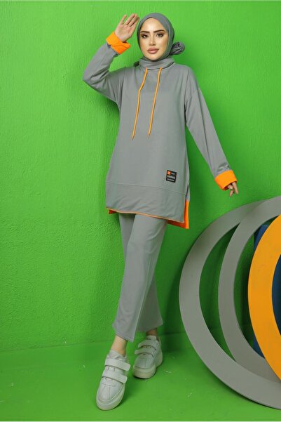 TRENDTESETTÜR WOMEN'S GRAY LACE-UP DETAILED TRACK SUIT T 9043