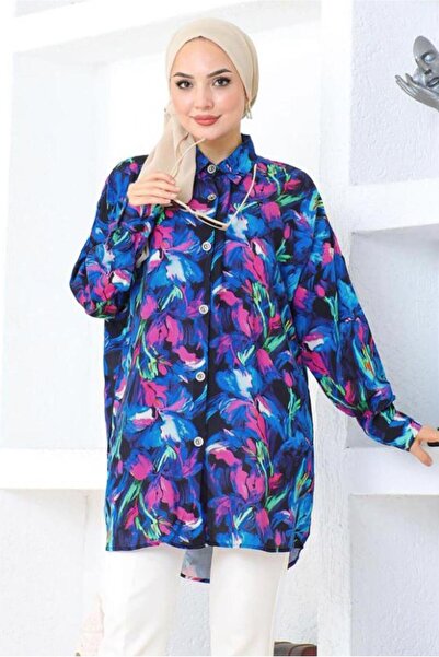 TRENDTESETTÜR KADIN LACİVERT DESENLİ PAMUKLU TESETTÜR TUNİK T 5362