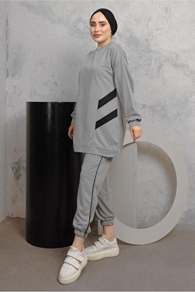 TRENDTESETTÜR WOMEN'S GRAY STRIPE DETAILED TRACKPANTS SUIT T 1043