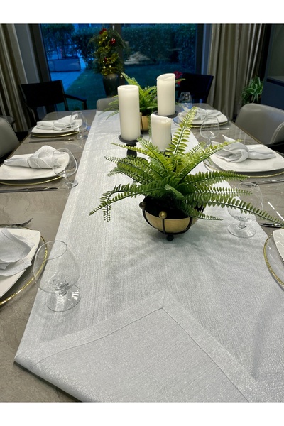 Decamor home Silver Glitter Linen Textured White Carefree Long Runner