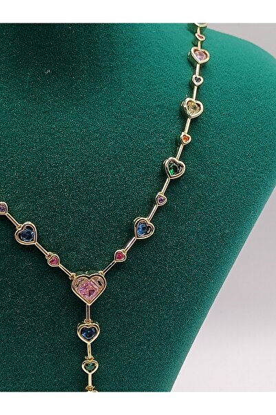 Store Renkli Taşlı Kalpli Y Kolye