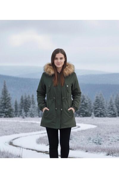 PNR WOMAN Bayan Içi Peluş Şapkası Kürklü Mont 056 Haki
