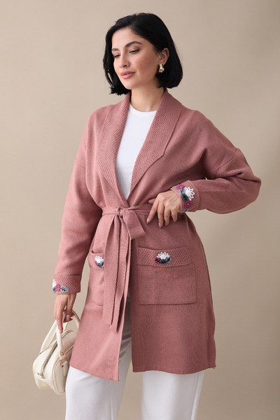 InStyle Dusty Rose Knitwear Jacket with Embroidery Pockets and Sleeves