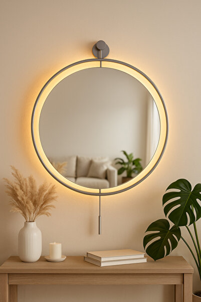 Wallover Design Büyük Boy Timelles Mat Gümüş 50 Cm Kablosuz Pilli Led Ayna, M...