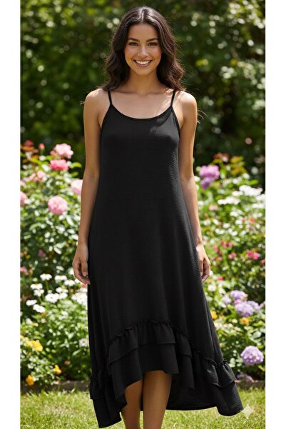 PNR WOMAN Ip Askılı Altı Fırfırlı Elbise 333 Siyah