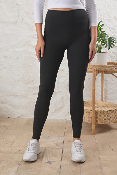 Avones Kadın Yuksek Bel Lıkralı Viskon Günlük Rahat Ve Yumuşak Dokulu Tayt-Siyah