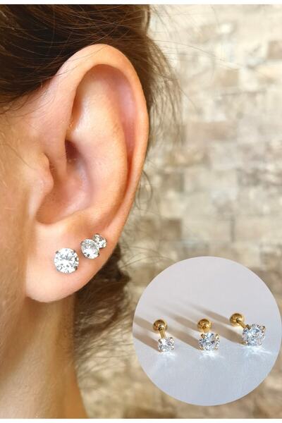 Bylin Cerrahi Çelik, Zirkon Tek Taş Piercing Seti-Üç Adet-Taş Çapı 3mm,4mm ve...