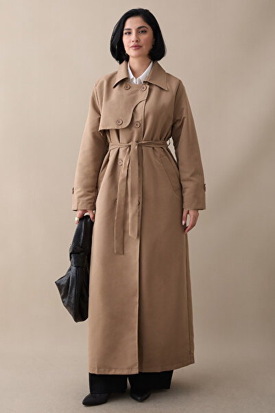 InStyle Kapak Detay Uzun Astarlı Bej Trençkot