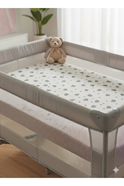 ENHA BABY %100 Pamuk Ranforce Kumaş Lastikli Bebek Çarşafı-Gri Kalp-(70X110X5...