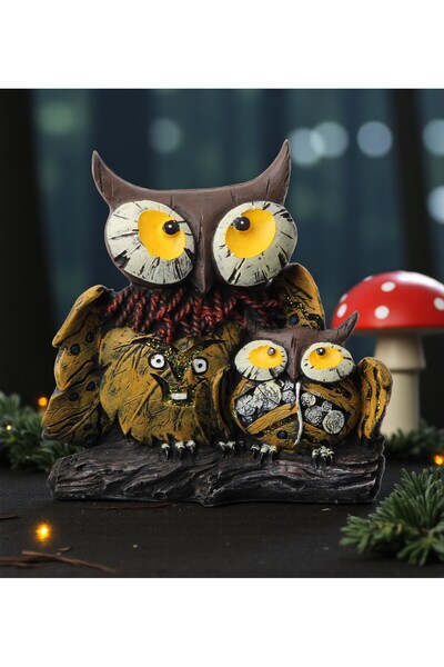 e-life shop Lüks Canlı Renkli Anne ve Yavru Baykuş Heykeli 15 cm Dekoratif Bi...