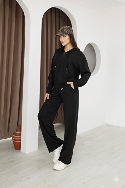 kemmy Modal Fabric Zippered, Hooded, Wide-Leg Palazzo Tracksuit Set
