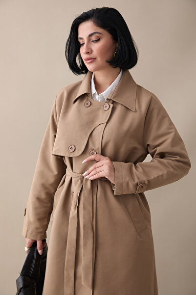 InStyle Kapak Detay Uzun Astarlı Bej Trençkot