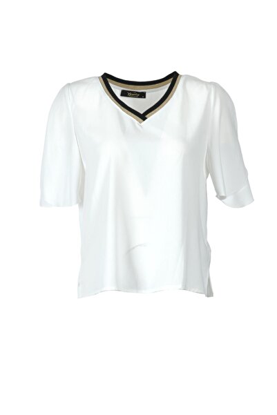 Ysatis V Yaka Yaka Detaylı Kısa Kollu Beyaz Kadın Bluz 24245000129