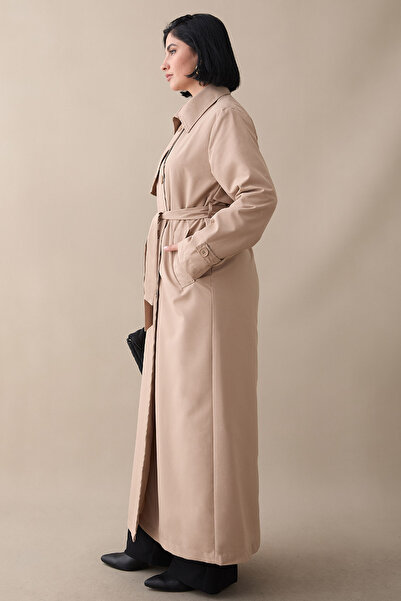 InStyle Kapak Detay Uzun Astarlı Sütlü Kahve Trençkot