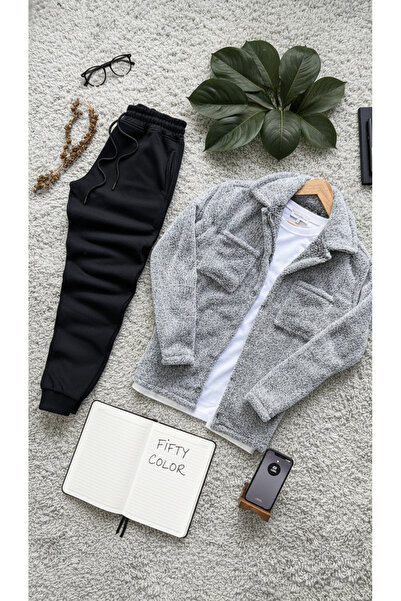 Fifty Color Gray Buttoned Plush Jacket + Black Sweatpants Bottom Combination