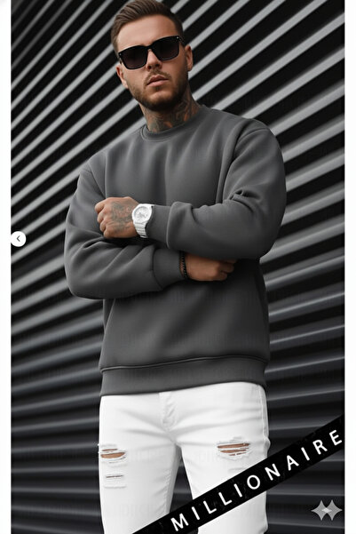 Millionaire Ανδρικό Smoked Basic 0 Crew λαιμόκοψη μονόχρωμο oversize φαρδύ φλις φούτερ