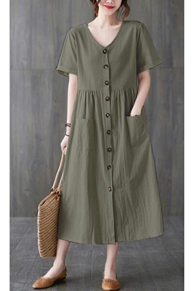 Barbora Keten Günlük Rahat V Yaka Beli Büzgü Detaylı Düğmeli Elbise
