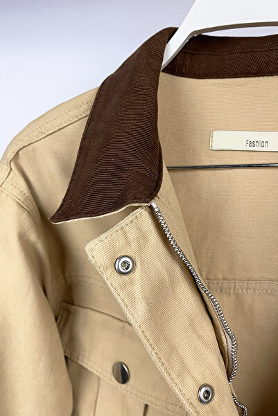 Flow Taba Bej Kahverengi Yakalı Crop Ceket