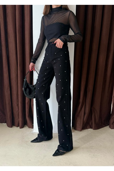 Bluezoni Γυναικείο ίσιο τζιν παντελόνι με ειδικό σχέδιο με μαύρη γυαλιστερή πέτρα, μεγάλο μέγεθος ελαστικό ύφασμα