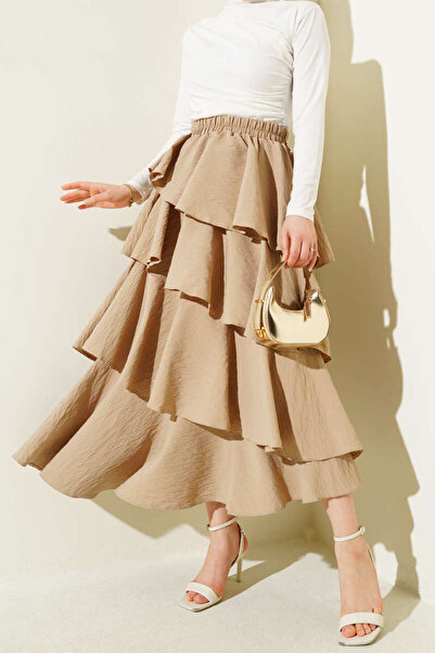 Matcha Butik Kadın Lastikli Kat Kat Bohem Etek Bej