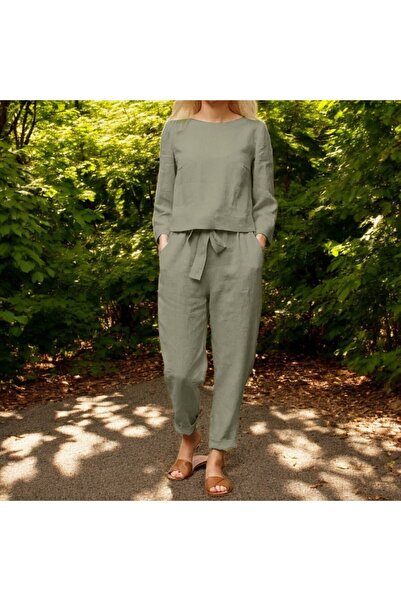 Toridas Women's Two Piece Suit with Belt - Bottom Top Linen Casual Comfortable Waist