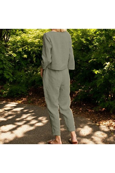 Toridas Women's Two Piece Suit with Belt - Bottom Top Linen Casual Comfortable Waist