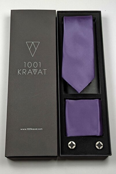 1001 Kravat Men's Gift Set with Purple Tie and Cufflinks with Handkerchief