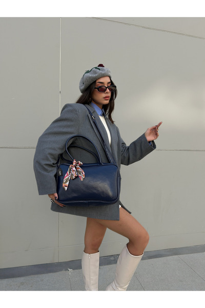 Night Vivienne Model Navy Blue Women's Hand and Shoulder Bag with Scarf Gift